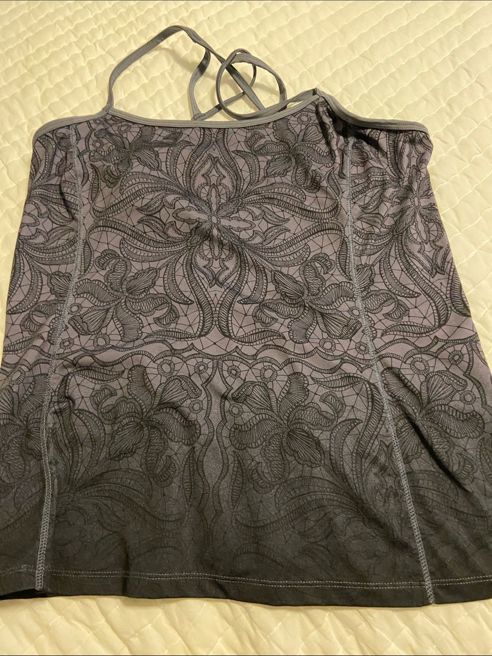 Athleta Black Gray Print Cross back Sports Tank Shelf Bra Sz L